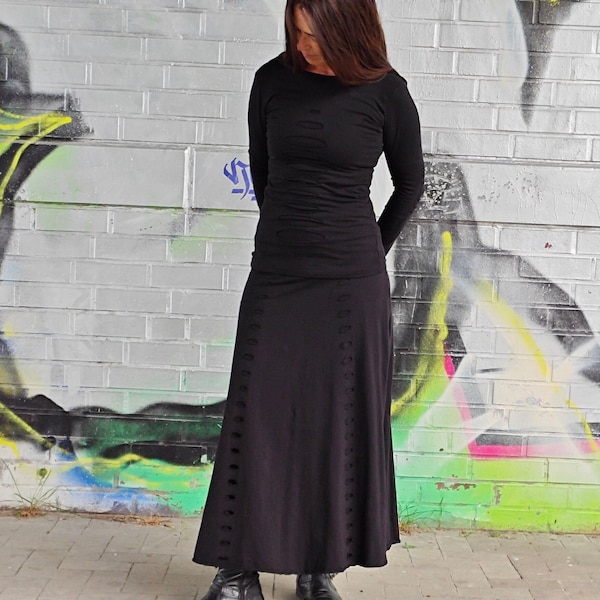 Elegant Goth Elegant Cotton Double Split Panel Skirt, Stretchy Steampunk Fairy Witchy Wear, BLACK Punk Rock Alternative Cyberpunk Clothing