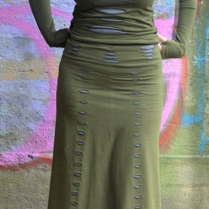 Long Maxi Festival Cotton Split Pencil Skirt, Goth Tribal Fusion Cyberpunk Clothing, Cut-Out Stretchy Green Steampunk Renaissance Wear image 1