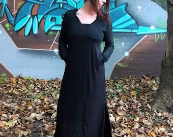 Dress MAxi Goth Long Sleeve Tunic Hooded w/ Pockets, Medieval Gothic Hoodie Wedding Gown, Double Side Slit Stretchy Comfy Stylish Cool Wear