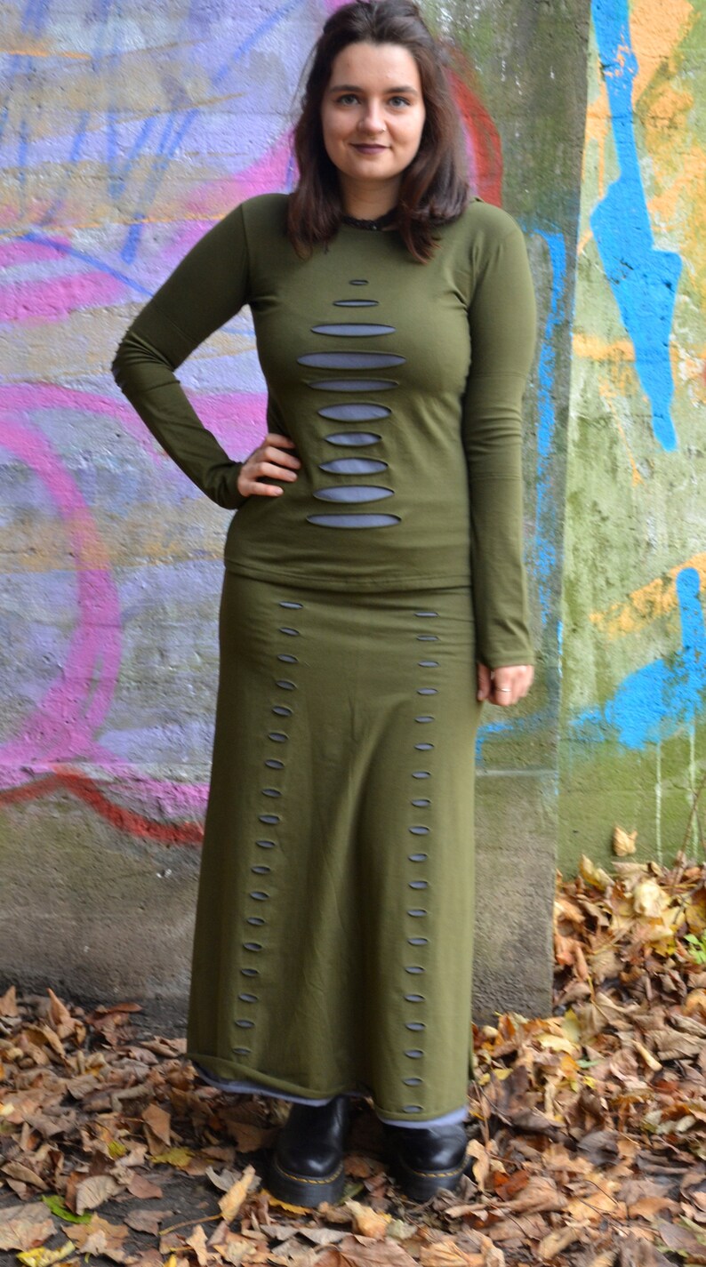 Long Maxi Festival Cotton Split Pencil Skirt, Goth Tribal Fusion Cyberpunk Clothing, Cut-Out Stretchy Green Steampunk Renaissance Wear image 4