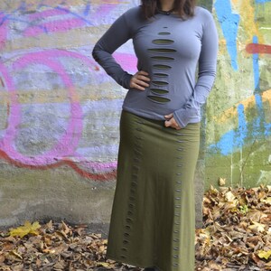 Long Maxi Festival Cotton Split Pencil Skirt, Goth Tribal Fusion Cyberpunk Clothing, Cut-Out Stretchy Green Steampunk Renaissance Wear image 3