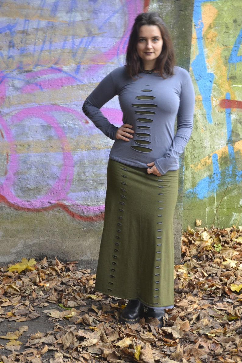 Long Maxi Festival Cotton Split Pencil Skirt, Goth Tribal Fusion Cyberpunk Clothing, Cut-Out Stretchy Green Steampunk Renaissance Wear image 3