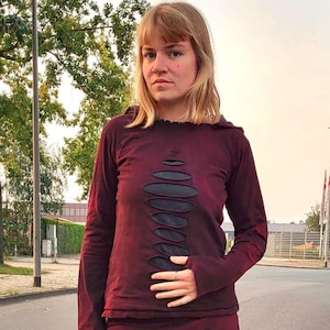 Top Hooded Alternative Pixie Edgy, Stone Washed Goth Steampunk Hoody, Cyberpunk Cut Out Thumbhole Festival Wear, Y2K Elven Hoodie  L/XL, XXL