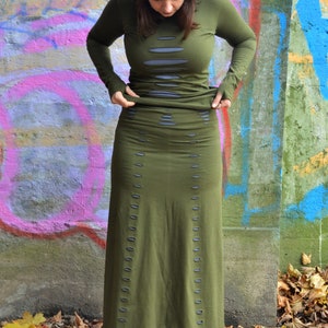 Long Maxi Festival Cotton Split Pencil Skirt, Goth Tribal Fusion Cyberpunk Clothing, Cut-Out Stretchy Green Steampunk Renaissance Wear image 5