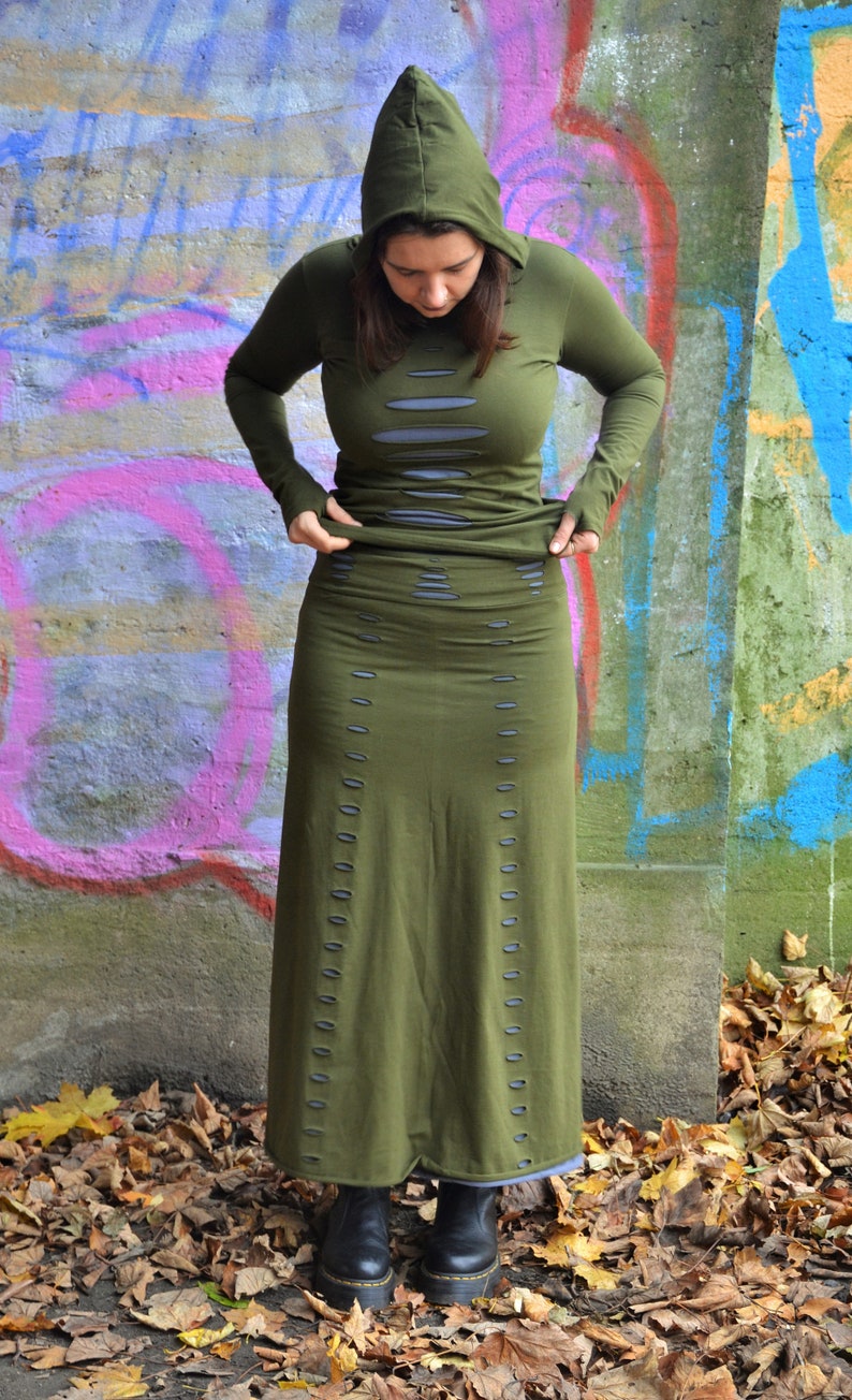 Long Maxi Festival Cotton Split Pencil Skirt, Goth Tribal Fusion Cyberpunk Clothing, Cut-Out Stretchy Green Steampunk Renaissance Wear image 5