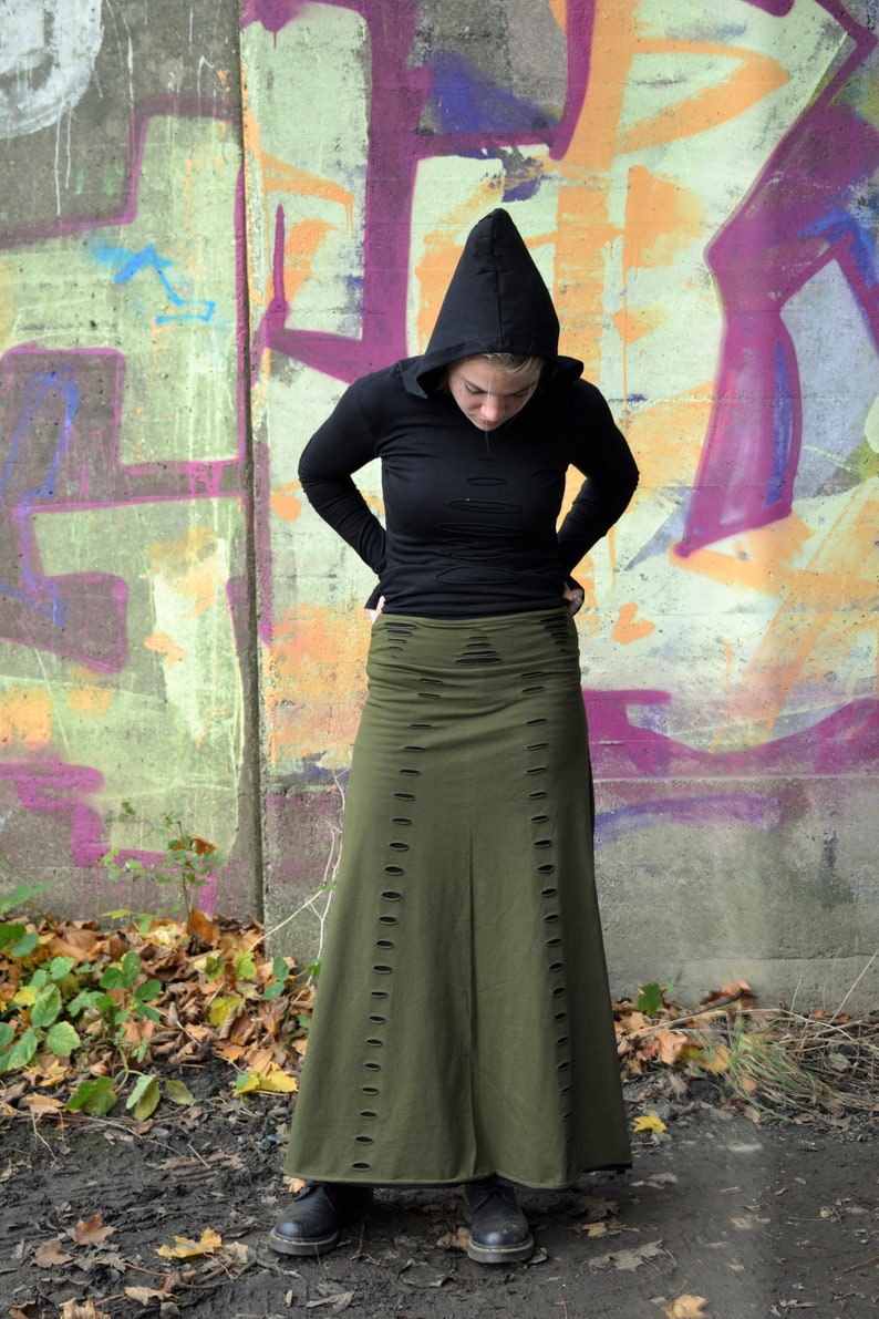 Long Maxi Festival Cotton Split Pencil Skirt, Goth Tribal Fusion Cyberpunk Clothing, Cut-Out Stretchy Green Steampunk Renaissance Wear image 8