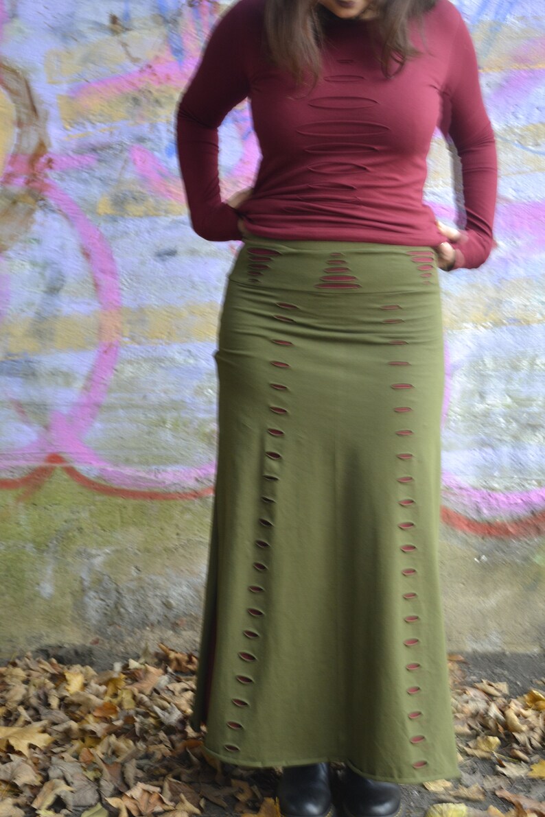 Long Maxi Festival Cotton Split Pencil Skirt, Goth Tribal Fusion Cyberpunk Clothing, Cut-Out Stretchy Green Steampunk Renaissance Wear image 7