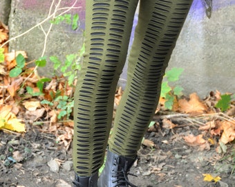 Green Leggings Alternative Goth for Women Cotton, Black Stretchy Cut Out Stylish Pants , Cyberpunk Post Apocalyptic Gothic Steampunk Wear