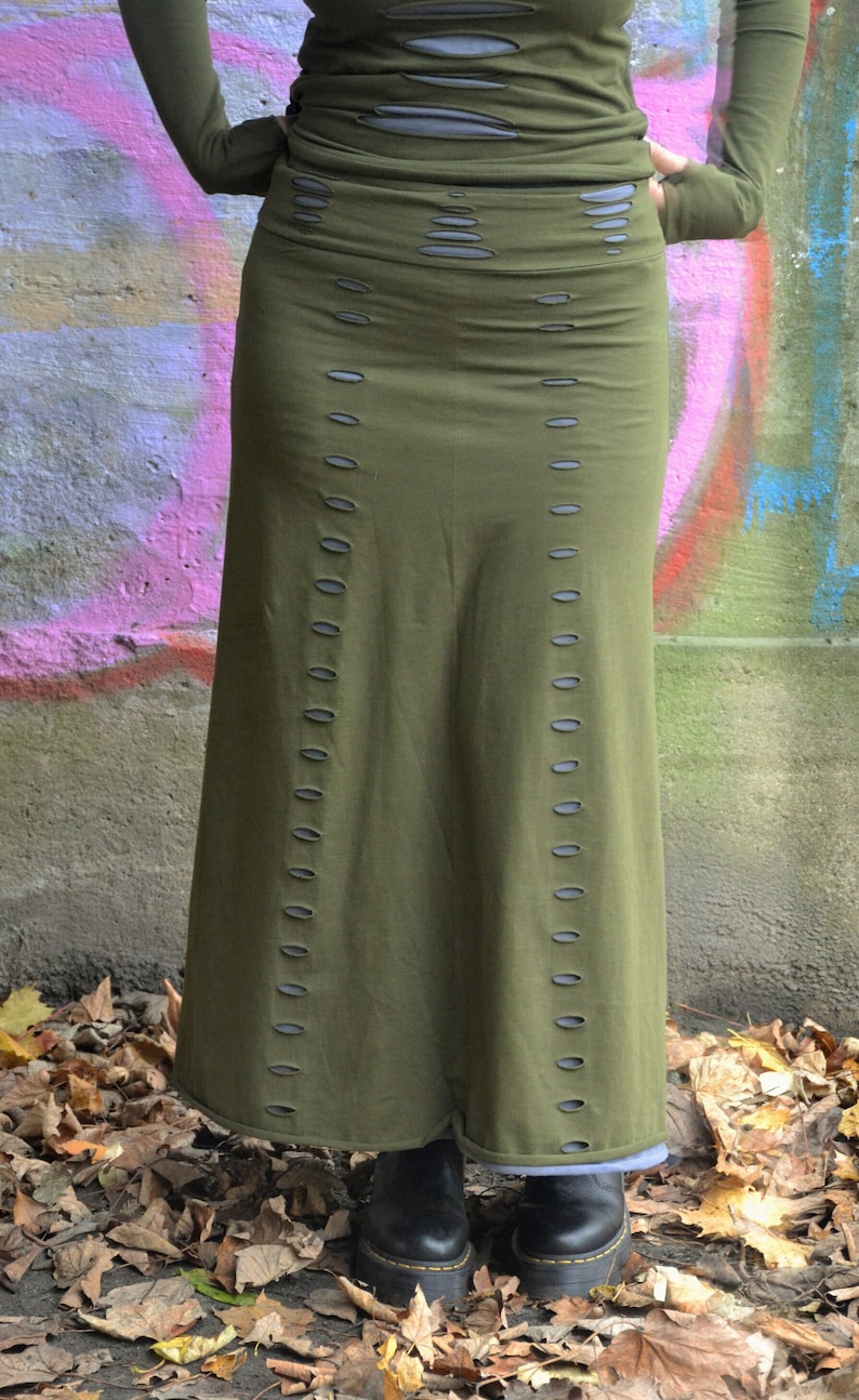 Long Maxi Festival Cotton Split Pencil Skirt, Goth Tribal Fusion Cyberpunk Clothing, Cut-Out Stretchy Green Steampunk Renaissance Wear image 1