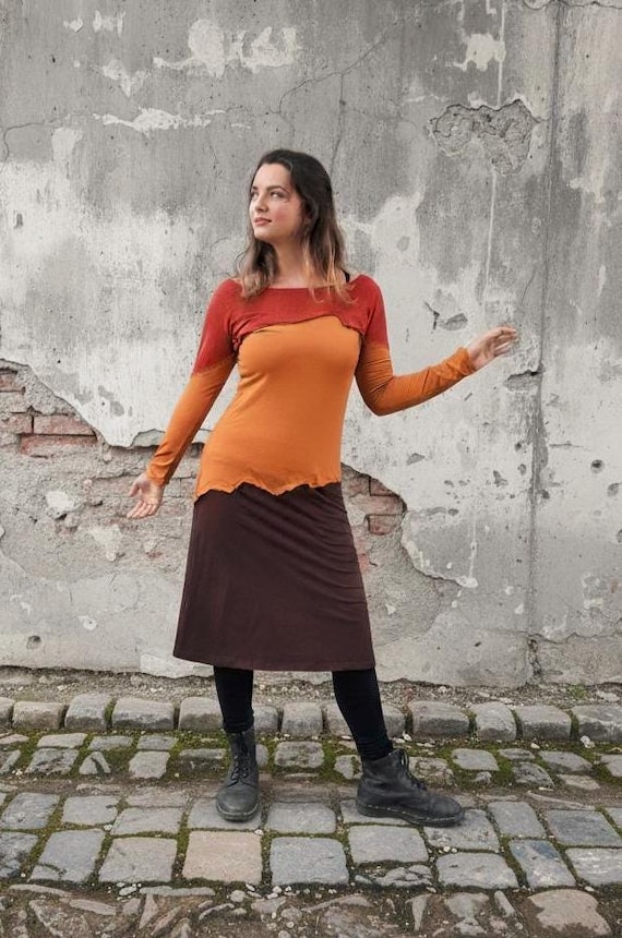 alternative midi dress Deconstructed Patchwork Cotton Stretch Edgy Dress, Earth Tone Midi Long  Sleeve Gown, Unique W/ Raw Edge, Alternative Everyday EU Size 38-40