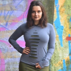 Long Sleeve Top Cotton Festival Thumbhole  Hoody, Fairy Elven Sexy Top Gift For Her, Burning Man, Goth Alternative Clothing, Cool Rave Wear