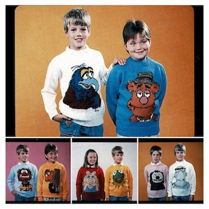 May include: A collection of long-sleeved knit sweaters featuring various Muppet characters including Gonzo, Fozzie Bear, Animal, Kermit the Frog, Miss Piggy, and others. The sweaters are displayed in multiple colors such as white, blue, yellow, red, and pink.