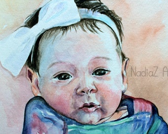 Custom Child Girl Infant Toddler Watercolor Portrait- Baby Portrait-Realistic Portrait- Baby Portrait from Photo-Watercolor Painting