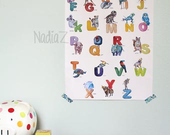 English Alphabet Poster Print-Watercolor Animal Print-Alphabet Print-Nursery Decor-Nursery Art-Kids Room Wall Art-English ABC print