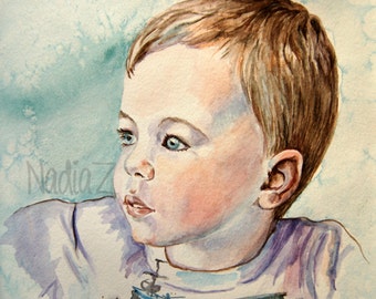 Aquarell Aquarell Aquarell- Baby Junge Portrait-Erster Geburtstagsgeschenk-Kinderbild vom Foto-Muttertagsgeschenk