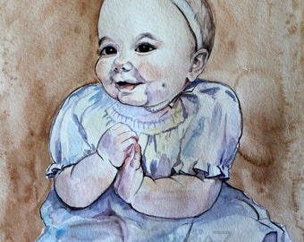 Custom Child Watercolor Portrait- Infant Girl Portrait -Custom Child Painting- Baby Portrait from Photo- Mother's Day Gift