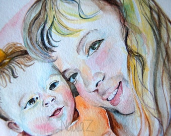 Retrato personalizado de mãe e filho em aquarela - Retrato de família personalizado - Retrato de mãe e filho - Retrato de foto - Retrato de casal - Presente de dia das mães
