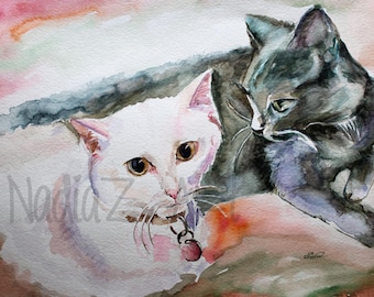 Custom Watercolor Two Cat Portrait- Cat Portrait from Photo-Custom Cat Painting-Cat Memorial-Cat Painting-Hand Painted Cat-Pet Loss Gift