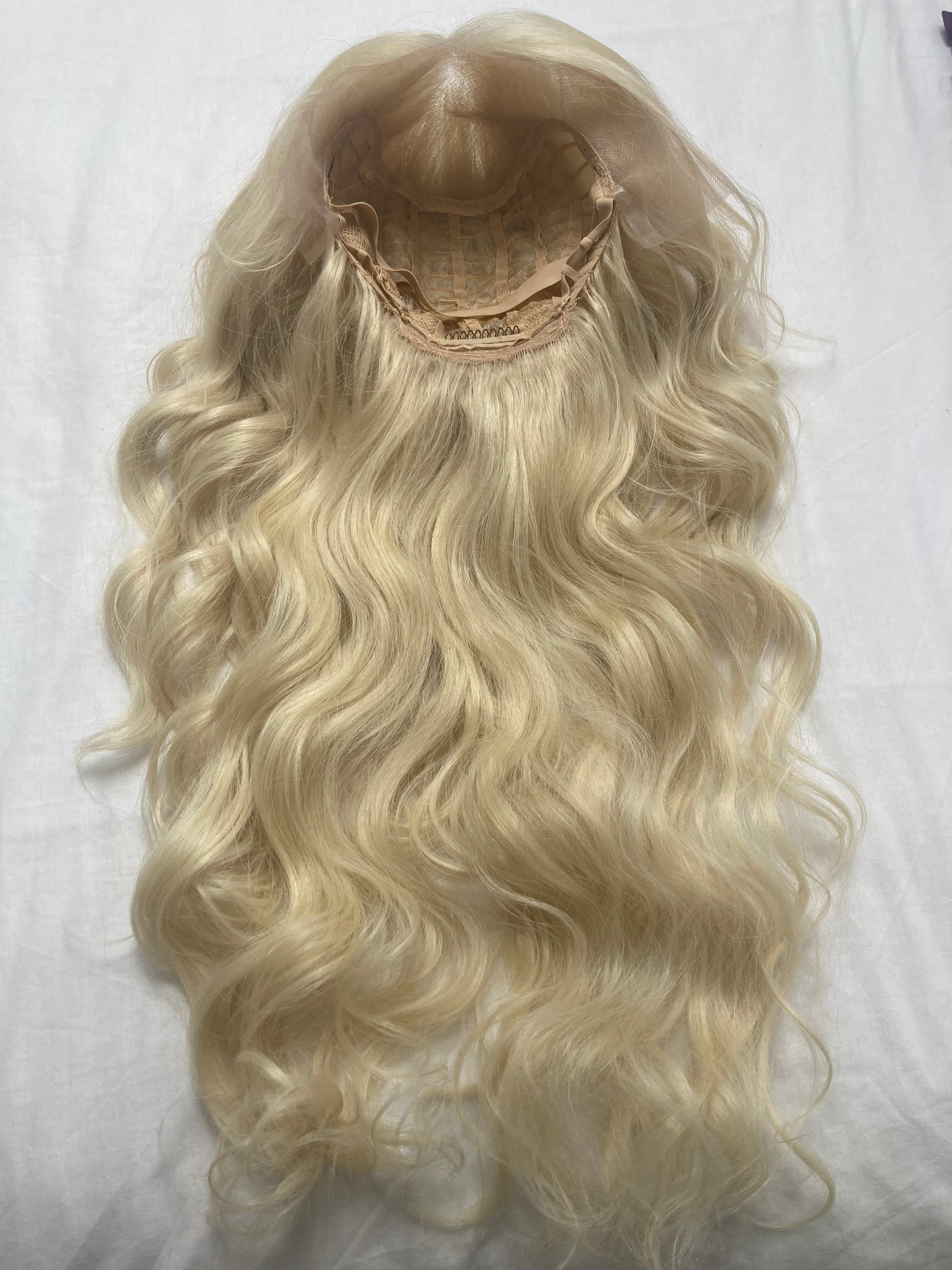 Long Blonde Knotted Lace Front Adjustable Wig - Human Hair and Synthetic Blend