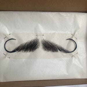 Puede incluir: Un bigote negro con los extremos rizados, fijado a una superficie blanca.