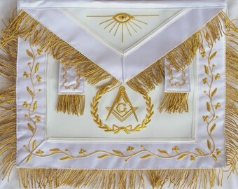 Delantal de Maestro Masón Bordado a Mano de Cuero Sintético Blanco, Logia Azul, Regalia de Masón de Tercer Grado