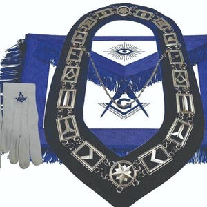 Blue Lodge master mason apron With Blue Fringe chain collar jewel gloves set