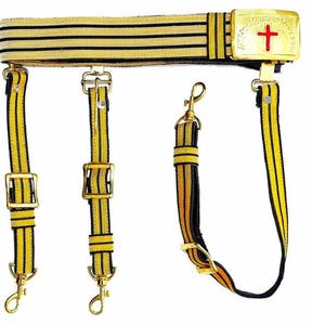 May include: A yellow and black striped belt with a gold buckle featuring a red cross. The belt is accompanied by three braces with gold buckles and hooks.