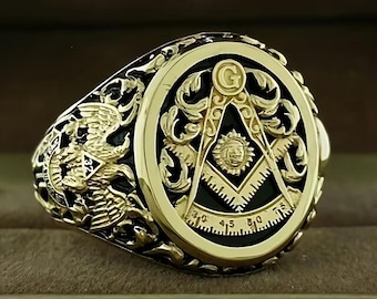 Anillo vintage con símbolo masónico para hombre: emblema masónico grabado de la Hermandad. Regalo único para masones, fiestas, graduaciones y uso diario.