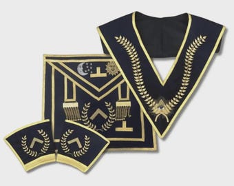 Conjunto de indumentaria masónica negra bordada a máquina: delantal, cuello y puños de Venerable Maestro / Conjunto para Oficial Masón