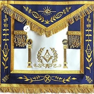 Navy Blue Apron Master Mason Square G & Pillars Freemasons Gold Fringe