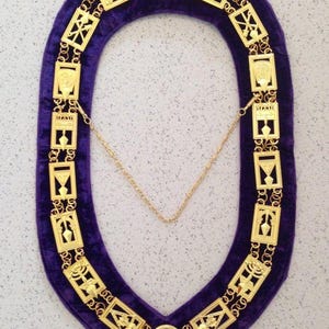 Royal & Select Master Council Officer Chain Collar – Gold Finish with Purple Velvet Backing  Cryptic Masonry Regalia  Masonic Officer Collar