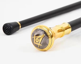 Bastón Masónico: Bastón de Caballero Negro con Emblema Masónico Dorado, Elegante Bastón Decorativo, Regalo Masónico