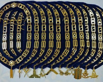 Conjunto de 12 collares de cadena masónica de la Logia Azul con joyas de oficial / Insignias masónicas doradas / Conjunto completo de collar y joyas para ceremonia de la Logia