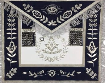 Delantal de Venerable Maestro de la Logia Azul Masónica / Insignias Masónicas Bordadas a Mano en Hilo de Plata / Delantal Ceremonial de Venerable Maestro