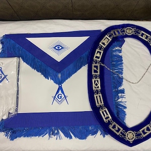 Masonic Regalia Master Mason Blue Lodge Apron Set With Blue Lodge Chain Collar And Gloves blue fringe(Apron+Chain Collar+Gloves)