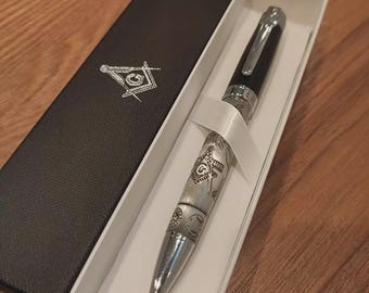 Masonic Pen, Freemason Ballpoint Pen with Ancient Silver Symbols, Heavy Metal Writing Pen Gift Box, Masonic Emblem Christmas Gift