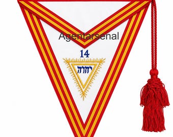 Delantal del Rito Escocés de 14.º grado / Delantal de indumentaria masónica bordado a mano / Delantal ceremonial del Rito Escocés de la Francmasonería con ribete rojo y dorado