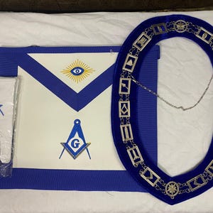 Masonic Regalia Master Mason Blue Lodge Apron Set With Blue Lodge Chain Collar And Gloves (Apron+Chain Collar+Gloves)