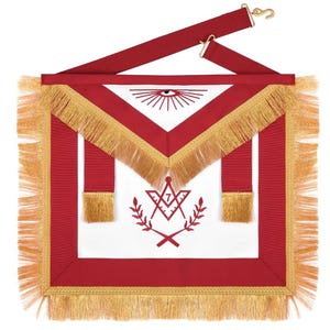 Master Mason Blue Lodge Apron - Red Ribbon Golden Bullion With Wreath & Fringe