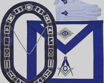 Conjunto de delantal de Maestro Masón de la Logia Azul con collar de cadena, joya de escuadra y compás, guantes / Conjunto de insignias de oficial masónico