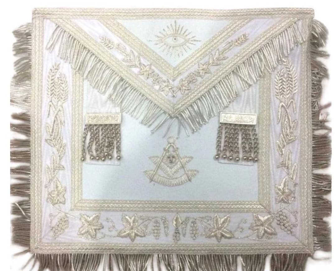 フリーメイソンの過去マスターのブルーロッジエプロン、銀の蔓の刺繍が