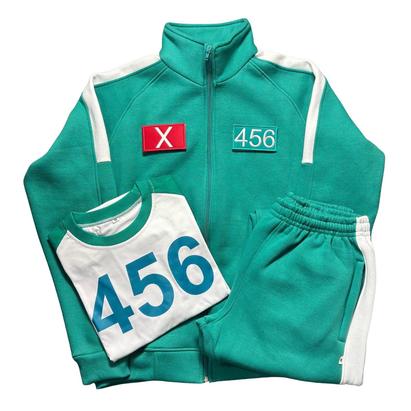 green tracksuit jacket and track pants with t-shirt and customizable number, Removable Number Patches Unisex squid game track suit