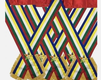 Banda OES de la Orden Masónica de la Estrella del Este, cinco colores, con flecos laterales dorados suaves. Juego de 5 bandas OES de insignias masónicas, cinco colores.