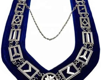 Collar de cadena azul de la Logia Masónica, collar de oficial cromado plateado con respaldo de terciopelo azul, insignias de la masonería, collar ceremonial de la logia.