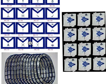 Conjunto completo de insignias para oficiales de la Logia Azul Masónica: 12 delantales, 12 collares de cadena, 12 joyas y 12 guantes. Conjunto de insignias para oficiales de la Logia Masónica.