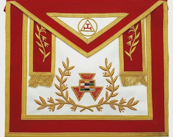 Delantal masónico de terciopelo rojo con galón dorado del Capítulo del Real Arco del Ex Sumo Sacerdote / Delantal masónico de la Indumentaria Masónica del Rito de York