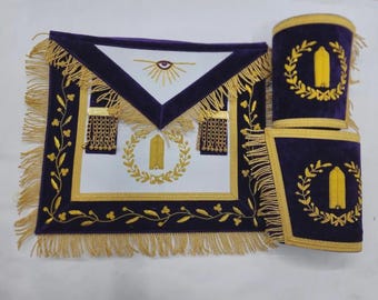 Conjunto de delantal masónico para Guardián Junior con puños bordados a mano en terciopelo azul, insignias de oficial de logia masónica, conjunto de delantal masónico