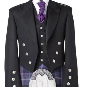 May include: A black formal kilt outfit with a purple bow tie, a white shirt, and a silver sporran. The kilt is made of a traditional tartan fabric.
