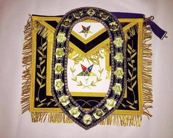 Conjunto de delantal de Gran Patrón de la OES con cuello, terciopelo morado, insignias de la Estrella de Oriente, delantal masónico bordado de gala de la Orden de la Estrella de Oriente.