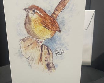 Carolina Wren greeting card, 5 by 7 watercolor print, with blank inside.